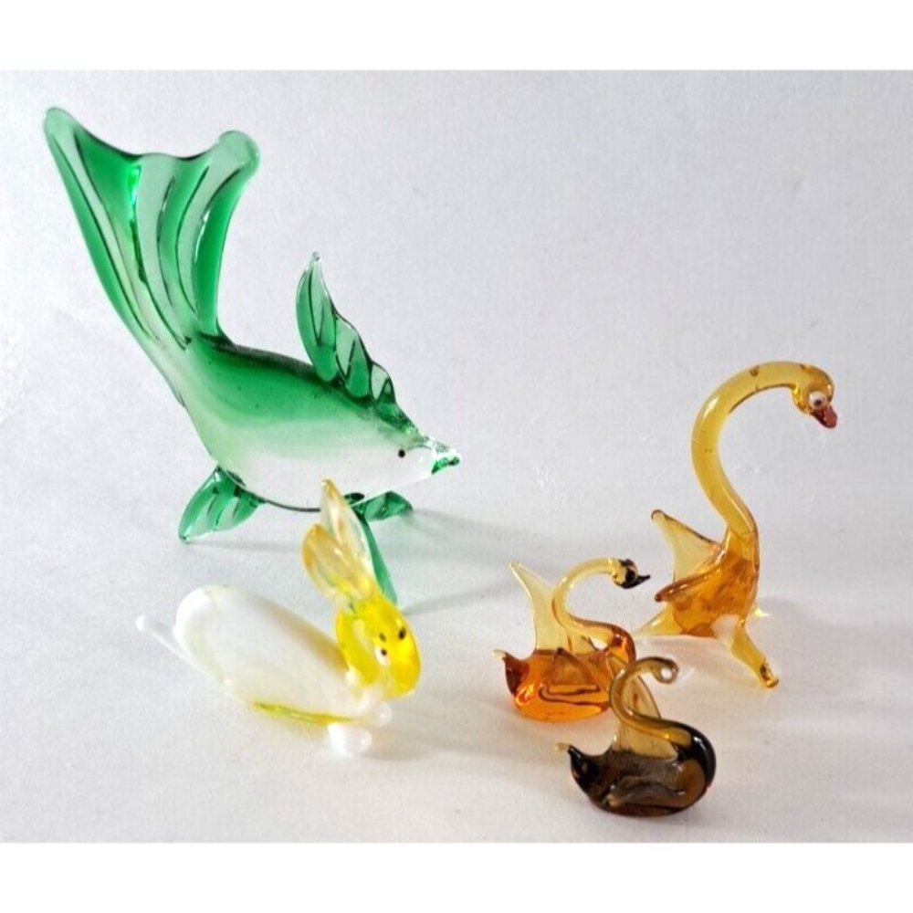 Miniature Glass Animal Set of 5 Swans Bunny Fish Yellow Amber Green Blown Art